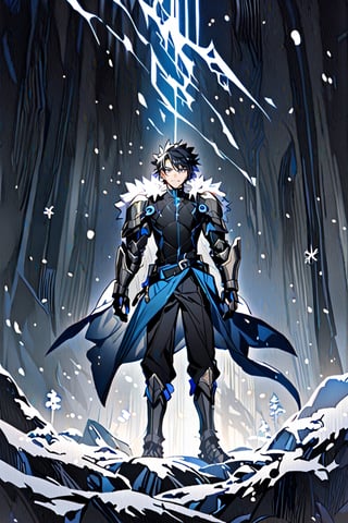 full body shot, solo, snowy smile, short hair, black hair with blue, spiky hair, bangs, blue eyes, Tall boy, shirt, gauntlets, 1 boy, standing, very thin,metal gauntlets, belt, pants, blue trim, black shirt, pants black,