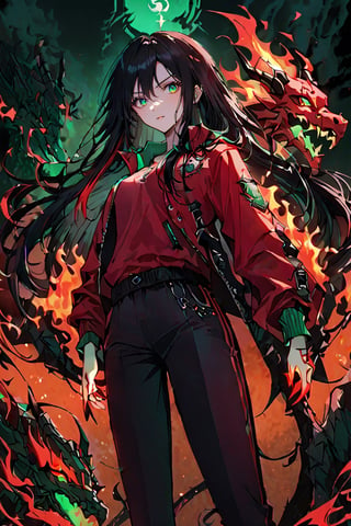 a teenage girl, long black hair (with fiery red tips), emerald green eyes, red jacket with a dragon logo, black pants, high quality, high resolution, high precision, color correction, appropriate lighting settings, harmonious composition .,Visual_Illustration