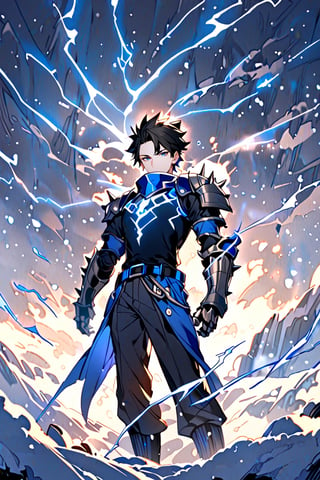  solo, snowy smile, short hair, black hair with blue, spiky hair, bangs, blue eyes, Tall boy, shirt, gauntlets, 1 boy, standing, very thin,metal gauntlets, belt, pants, blue trim, black shirt, pants black,blue lightning, blue electric rays