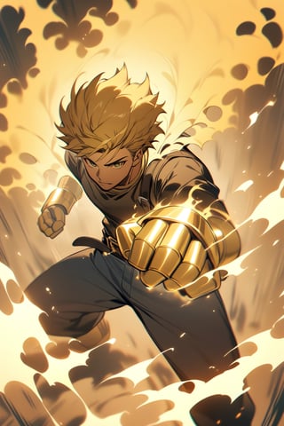 alone, short hair, blonde hair with dark highlights, golden eyes, details, long-sleeved shirt, 1 man, standing, male focus, belt, pants, blue pants, aura, with gold knuckles, fighting position