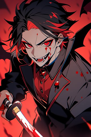 1 man, crimson eyes (crazy look), vampire fangs, spiky black hair (with red hair tips), wearing blue (with an elegant black coat with blood stains), bat wings sword dripping blood,red dark aura ,BloodOnScreen,Anime 