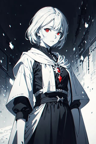 ((masterpiece, best quality)),(monochrome art),snow white,silver hair,red eyes,professor outfit,Redayana, background in the tartarus