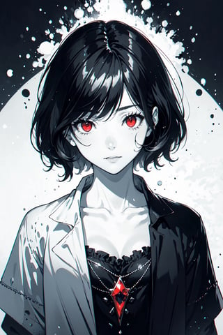 ((masterpiece, best quality)),(monochrome art),snow white,black hair hair,red eyes,professor outfit,Redayana, background in the tartarus