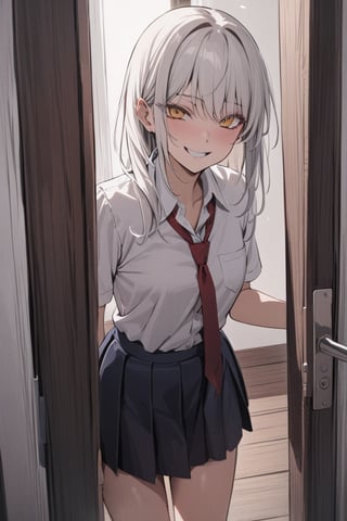 (masterpiece)), best quality, manga stlyle, wooden door frame, white wall, a girl peaks behind a detailed polished wooden one panel door, white wall, creepy smile, school uniform, wooden floor, hold the door slightly open