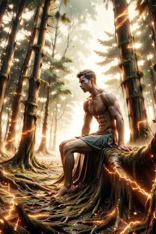 An ancient, mystical, dark, densed forest bathed in green light. At the center stands a massive, gnarled tree with roots and branches that seem to pulse with energy. Hidden among the foliage are faint, glowing eyes watching over the grove, a handsome, muscular man, he has and big penis, muscular thigh is sitting below, view is very very far and the man looks small and the forest is filling up the picture