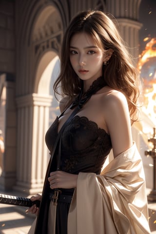 background is ancient war,castle,wall,gate,fire,smoke,an archer,1 girl,beautiful korean girl,bare left shoulder,
wear quiver at belt, holding a bow,holding_katana,hair_past_waist(curly hair, dark hair),
Best Quality, photorealistic, ultra-detailed, finely detailed, high resolution, perfect dynamic composition, sharp-focus, 