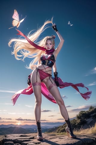 Full body shot standing sideways, beautiful sunset, sexy young female warrior, slender waist, plump and slender figure, long blond hair with butterfly hair accessories swaying in the wind, exquisite makeup, wearing a damaged transparent pink camouflage tights , wearing uniform, red silk scarf, pink suspender hollow stockings, pink 10-inch high heels, standing on the edge of the roof, waist straight, legs spread, holding advanced rifle, battle city background, 8K Artgerm, more details