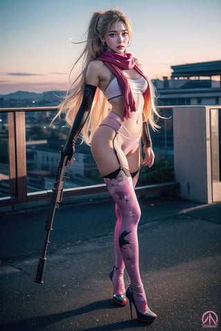 Full body shot standing sideways, beautiful sunset, sexy young female warrior, slender waist, plump and slender figure, long blond hair with butterfly hair accessories swaying in the wind, exquisite makeup, wearing a damaged transparent pink camouflage tights , wearing uniform, red silk scarf, pink suspender hollow stockings, pink 10-inch high heels, standing on the edge of the roof, waist straight, legs spread, holding advanced rifle, battle city background, 8K Artgerm, more details