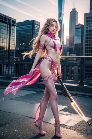 Full body shot standing sideways, beautiful sunset, sexy young female warrior, slender waist, plump and slender figure, long blond hair with butterfly hair accessories swaying in the wind, exquisite makeup, wearing a damaged transparent pink camouflage tights , wearing uniform, red silk scarf, pink suspender hollow stockings, pink 10-inch high heels, standing on the edge of the roof, waist straight, legs spread, holding advanced rifle, battle city background, 8K Artgerm, more details