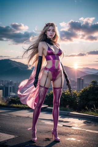 Full body shot standing sideways, beautiful sunset, sexy young female warrior, slender waist, plump and slender figure, long blond hair with butterfly hair accessories swaying in the wind, exquisite makeup, wearing a damaged transparent pink camouflage tights , wearing uniform, red silk scarf, pink suspender hollow stockings, pink 10-inch high heels, standing on the edge of the roof, waist straight, legs spread, holding advanced rifle, battle city background, 8K Artgerm, more details