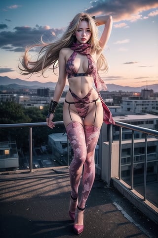 Full body shot standing sideways, beautiful sunset, sexy young female warrior, slender waist, plump and slender figure, long blond hair with butterfly hair accessories swaying in the wind, exquisite makeup, wearing a damaged transparent pink camouflage tights , wearing uniform, red silk scarf, pink suspender hollow stockings, pink 10-inch high heels, standing on the edge of the roof, waist straight, legs spread, holding advanced rifle, battle city background, 8K Artgerm, more details