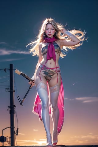 Full body shot standing sideways, beautiful sunset, sexy young female warrior, slender waist, plump and slender figure, long blond hair with butterfly hair accessories swaying in the wind, exquisite makeup, wearing a damaged transparent pink camouflage tights , wearing uniform, red silk scarf, pink suspender hollow stockings, pink 10-inch high heels, standing on the edge of the roof, waist straight, legs spread, holding advanced rifle, battle city background, 8K Artgerm, more details