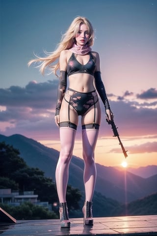 Full body shot standing sideways, beautiful sunset, sexy young female warrior, slender waist, plump and slender figure, long blond hair with butterfly hair accessories swaying in the wind, exquisite makeup, wearing a damaged transparent pink camouflage tights , wearing uniform, red silk scarf, pink suspender hollow stockings, pink 10-inch high heels, standing on the edge of the roof, waist straight, legs spread, holding advanced rifle, battle city background, 8K Artgerm, more details