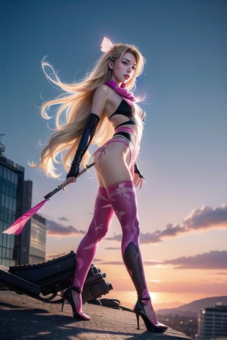 Full body shot standing sideways, beautiful sunset, sexy young female warrior, slender waist, plump and slender figure, long blond hair with butterfly hair accessories swaying in the wind, exquisite makeup, wearing a damaged transparent pink camouflage tights , wearing uniform, red silk scarf, pink suspender hollow stockings, pink 10-inch high heels, standing on the edge of the roof, waist straight, legs spread, holding advanced rifle, battle city background, 8K Artgerm, more details