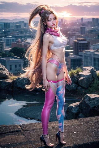 Full body shot standing sideways, beautiful sunset, sexy young female warrior, slender waist, plump and slender figure, long blond hair with butterfly hair accessories swaying in the wind, exquisite makeup, wearing a damaged transparent pink camouflage tights , wearing uniform, red silk scarf, pink suspender hollow stockings, pink 10-inch high heels, standing on the edge of the roof, waist straight, legs spread, holding advanced rifle, battle city background, 8K Artgerm, more details