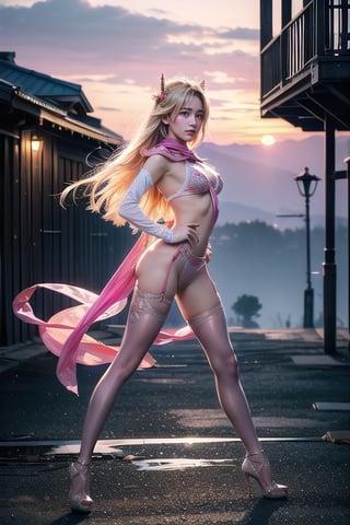 Full body shot standing sideways, beautiful sunset, sexy young female warrior, slender waist, plump and slender figure, long blond hair with butterfly hair accessories swaying in the wind, exquisite makeup, wearing a damaged transparent pink camouflage tights , wearing uniform, red silk scarf, pink suspender hollow stockings, pink 10-inch high heels, standing on the edge of the roof, waist straight, legs spread, holding advanced rifle, battle city background, 8K Artgerm, more details