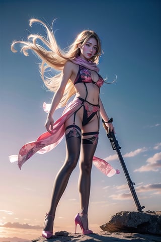 Full body shot standing sideways, beautiful sunset, sexy young female warrior, slender waist, plump and slender figure, long blond hair with butterfly hair accessories swaying in the wind, exquisite makeup, wearing a damaged transparent pink camouflage tights , wearing uniform, red silk scarf, pink suspender hollow stockings, pink 10-inch high heels, standing on the edge of the roof, waist straight, legs spread, holding advanced rifle, battle city background, 8K Artgerm, more details