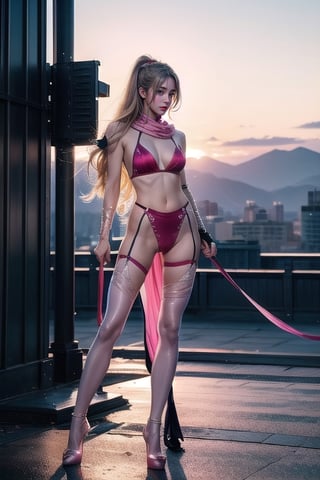 Full body shot standing sideways, beautiful sunset, sexy young female warrior, slender waist, plump and slender figure, long blond hair with butterfly hair accessories swaying in the wind, exquisite makeup, wearing a damaged transparent pink camouflage tights , wearing uniform, red silk scarf, pink suspender hollow stockings, pink 10-inch high heels, standing on the edge of the roof, waist straight, legs spread, holding advanced rifle, battle city background, 8K Artgerm, more details