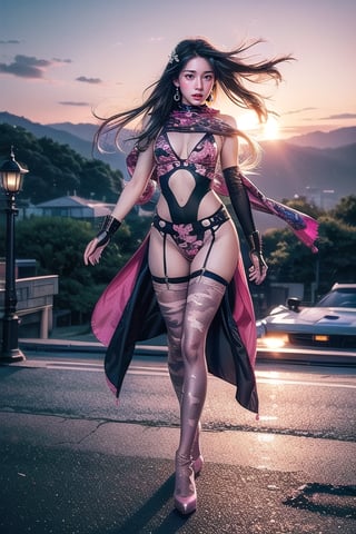 Full body shot standing sideways, beautiful sunset, sexy young female warrior, slender waist, plump and slender figure, long blond hair with butterfly hair accessories swaying in the wind, exquisite makeup, wearing a damaged transparent pink camouflage tights , wearing uniform, red silk scarf, pink suspender hollow stockings, pink 10-inch high heels, standing on the edge of the roof, waist straight, legs spread, holding advanced rifle, battle city background, 8K Artgerm, more details