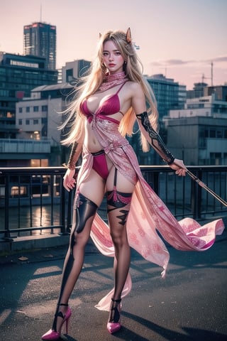 Full body shot standing sideways, beautiful sunset, sexy young female warrior, slender waist, plump and slender figure, long blond hair with butterfly hair accessories swaying in the wind, exquisite makeup, wearing a damaged transparent pink camouflage tights , wearing uniform, red silk scarf, pink suspender hollow stockings, pink 10-inch high heels, standing on the edge of the roof, waist straight, legs spread, holding advanced rifle, battle city background, 8K Artgerm, more details