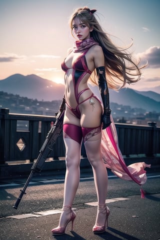 Full body shot standing sideways, beautiful sunset, sexy young female warrior, slender waist, plump and slender figure, long blond hair with butterfly hair accessories swaying in the wind, exquisite makeup, wearing a damaged transparent pink camouflage tights , wearing uniform, red silk scarf, pink suspender hollow stockings, pink 10-inch high heels, standing on the edge of the roof, waist straight, legs spread, holding advanced rifle, battle city background, 8K Artgerm, more details