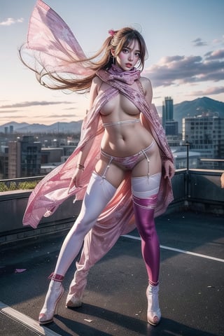 Full body shot standing sideways, beautiful sunset, sexy young female warrior, slender waist, plump and slender figure, long blond hair with butterfly hair accessories swaying in the wind, exquisite makeup, wearing a damaged transparent pink camouflage tights , wearing uniform, red silk scarf, pink suspender hollow stockings, pink 10-inch high heels, standing on the edge of the roof, waist straight, legs spread, holding advanced rifle, battle city background, 8K Artgerm, more details