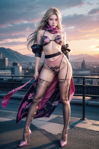 Full body shot standing sideways, beautiful sunset, sexy young female warrior, slender waist, plump and slender figure, long blond hair with butterfly hair accessories swaying in the wind, exquisite makeup, wearing a damaged transparent pink camouflage tights , wearing uniform, red silk scarf, pink suspender hollow stockings, pink 10-inch high heels, standing on the edge of the roof, waist straight, legs spread, holding advanced rifle, battle city background, 8K Artgerm, more details