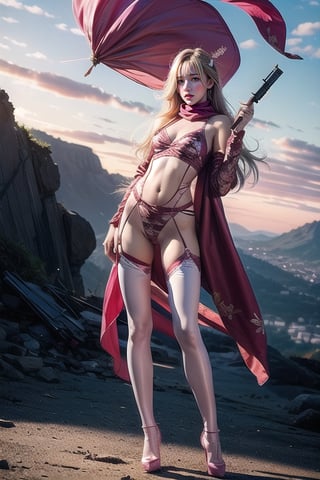 Full body shot standing sideways, beautiful sunset, sexy young female warrior, slender waist, plump and slender figure, long blond hair with butterfly hair accessories swaying in the wind, exquisite makeup, wearing a damaged transparent pink camouflage tights , wearing uniform, red silk scarf, pink suspender hollow stockings, pink 10-inch high heels, standing on the edge of the roof, waist straight, legs spread, holding advanced rifle, battle city background, 8K Artgerm, more details