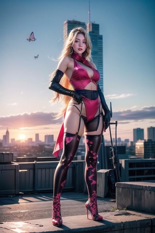 Here is a prompt for an SD art generator:

Create an 8K artwork featuring a stunning young female warrior posing sideways at sunset. The subject stands on the edge of a rooftop, her long blond hair adorned with butterfly accessories blowing gently in the wind. Her slender waist and plump figure are accentuated by a damaged transparent pink camouflage tights, worn over her uniform. A red silk scarf wraps around her neck, while pink suspender hollow stockings and 10-inch high heels complete her ensemble. Hold an advanced rifle at the ready as she gazes out at the battle-scarred cityscape in the background.