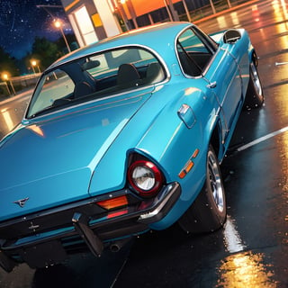 rear close up of car, (American automotive), (dark blue car), circle shaped front lights of car, colorful starry sky background, wet asphalt surface, low view angle, Dutch angle, cool art