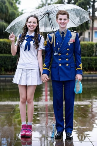 African high school cute 1girl and cute 1boy in uniform, under the rain, holding shoes and bag, wet uniform, wet hair, no raincoat, no umbrella, rain drop, water splash, from_front_view,all body,see-through, love, pure, innocence