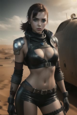 solo, masterpiece, best quality, perfect face, body shot of a cyborg humanoid girl wearing leather suit, sexy, dreary, apocalyptic, sandy, futuristic, Mad Max cinematic style
