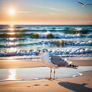 A serene beach scene with a seagull perched on the sand, looking up at the expansive blue sky. The sun casts a soft, golden light over the scene, highlighting the bird's white feathers and the gentle waves lapping at the shore. The composition focuses on the seagull, framed with the sky and ocean in the background, capturing a moment of quiet contemplation.