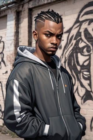 A striking manga-style illustration of a dark-skinned male with short hair and bangs, gazing directly at the viewer. He sports a track jacket with hood down, revealing dreadlocks, an eyebrow piercing, and a closed-mouth expression. The background is a gritty graffiti scene, adding to the urban atmosphere. The focus is solely on the male subject, framed by a subtle border. His official alternate hairstyle adds an edgy touch to this monochromatic portrait.