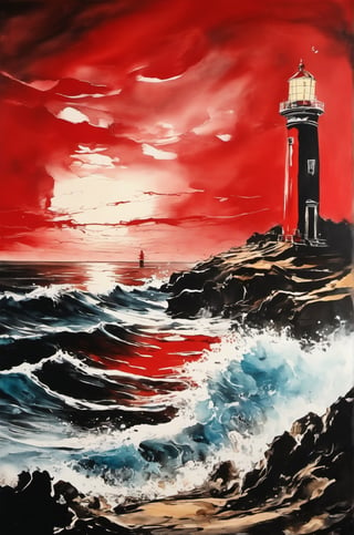 Sketch in liquid metallic ink of a masterpiece, best quality,  style, romantic love painting
a red lighthouse stands out from the rest of the landscape. The image creates a feeling of tranquility and harmony,
((creation of SALVADOR DALI)),
