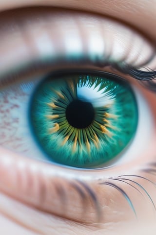 Close-up shot of a mesmerizing aqua-green iris, with subtle nuances of blue dancing across its surface. The soft focus and shallow depth of field draw attention to the intricate details within the pupil, as it reflects the cityscape of Dubai.