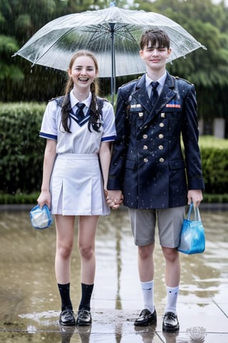 high school 1girl and 1boy in uniform, under the rain, holding shoes and bag, wet uniform, wet hair, no raincoat, no umbrella, rain drop, water splash, from_front_view,all body,see-through, love, pure, innocence