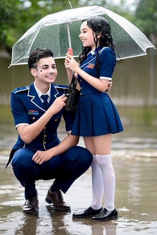 no raincoat, no umbrella,Indian high school cute 1girl and cute 1boy in uniform, under the rain, holding shoes and bag, wet uniform, wet hair,  rain drop, water splash, love, pure, innocence