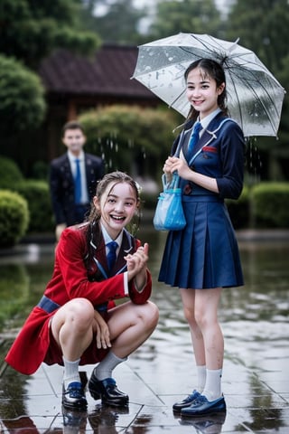 no raincoat, no umbrella, asian high school cute 1girl and cute 1boy in uniform, under the rain, holding shoes and bag, wet uniform, wet hair,  rain drop, water splash, love, pure, innocence