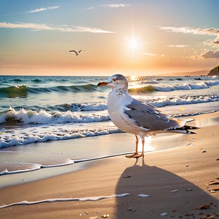 A serene beach scene with a seagull perched on the sand, looking up at the expansive blue sky. The sun casts a soft, golden light over the scene, highlighting the bird's white feathers and the gentle waves lapping at the shore. The composition focuses on the seagull, framed with the sky and ocean in the background, capturing a moment of quiet contemplation.