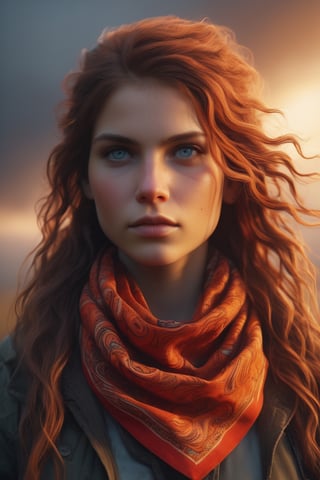 A young woman with a fiery spirit, wearing a vibrant red paisley printed bandana, holds her wavy tresses as if seeking solace from the turmoil brewing within. Softly lit by an orange glow, her face is a canvas of rugged emotions, with scarred signs telling stories of past struggles. Her gaze burns with a deep-seated anger, as if the very darkness swirling behind her was a manifestation of her own inner turmoil. The background, a kaleidoscope of colors, bleeds from her thoughts into a hazy obscurity, plunging the viewer into the depths of her emotional storm.