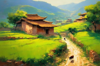 A serene Chinese village scene unfolds through oil brushstrokes: ancient adobe home stands tall amidst rolling hills and verdant pastures, terracotta roof radiating warmth in golden sunlight. Winding path meanders along rustic well's edge, lush fields hosting gentle cattle grazing beneath cerulean sky, surrounded by undulating hills of emerald green.