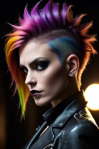 A close-up shot of a sultry punk villainess, her striking features illuminated by a dramatic spotlight, casting a moody atmosphere. Her multi-colored hair, styled in a half-shaven Mohawk, stands out against the dark surroundings. A sleek leather long suit hugs her slender curves, accentuating her confident and menacing pose. As she plots her next move, her eyes gleam with calculated intent, the only hint of vulnerability amidst the overall aura of menace.