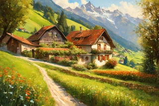 A serene oil-painted scene unfolds in a quaint Swiss village setting, where amidst mountains and pastures, a vintage steam engine train chugs along in the distant horizon, its gentle puff of smoke adding a touch of nostalgia to the rustic charm, a traditional house stands proud, its tiled roof glistening in the warm sunlight. A meandering pathway leads to lush fields, dotted with cattle grazing peacefully. 