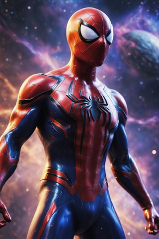 A futuristic Spider-Man suit with a cosmic theme, floating in deep space. The suit is made of advanced materials that give it incredible strength and durability. It also has a variety of built-in weapons and gadgets that allow Spider-Man to fight crime in space. The background is a vast nebula, with stars and planets scattered throughout. The special effects include glowing energy lines around the suit, and a cosmic energy field surrounding Spider-Man. Rendered in stunning photorealism, with incredible detail and质感.