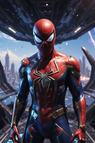 A futuristic Spider-Man suit with a space pirate theme, standing on the deck of a spaceship. The suit is made of dark, armored material, and it has a skull and crossbones symbol on the chest. Spider-Man is holding a cosmic energy sword, and he is surrounded by alien pirates. The background is a spaceship graveyard, with the wreckage of countless ships scattered throughout. The special effects include glowing energy lines around the suit, and a cosmic energy aura surrounding Spider-Man. Rendered in stunning photorealism, with incredible detail and质感.