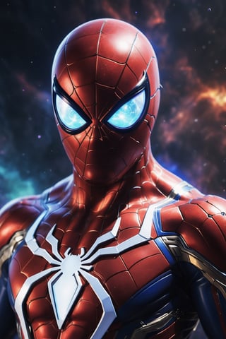 A futuristic Spider-Man suit with a mecha theme, floating in deep space. The suit is made of advanced materials that give it incredible strength and durability. It also has a variety of built-in weapons and gadgets that allow Spider-Man to fight crime in space. The background is a vast nebula, with stars and planets scattered throughout. The special effects include glowing energy lines around the suit, and a cosmic energy field surrounding Spider-Man. Rendered in stunning photorealism, with incredible detail and质感.