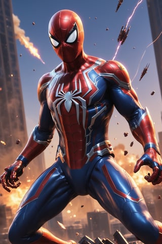 A futuristic Spider-Man suit with a space soldier theme, fighting an alien army. The suit is made of heavy armor, and it has a spider symbol on the chest. Spider-Man is holding a cosmic energy rifle, and he is surrounded by alien soldiers. The background is a war-torn planet, with explosions and gunfire. The special effects include glowing energy lines around the suit, and a force field that protects Spider-Man from enemy fire. Rendered in stunning photorealism, with incredible detail and质感.