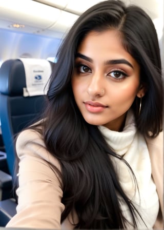 lovely cute young attractive indian teenage girl, 23 years old, cute, an Instagram model, long black_hair, colorful hair, winter, at a flight, Indian,  