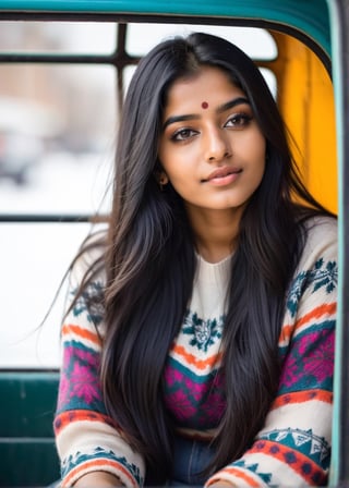 lovely cute young attractive indian teenage girl, 23 years old, cute, an Instagram model, long black_hair, colorful hair, winter, sitting in a tuk tuk, Indian, 